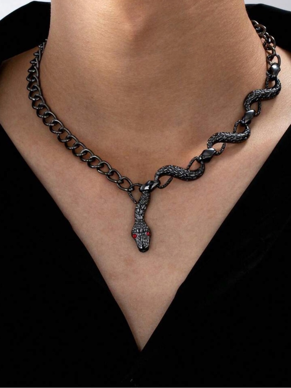 Gunmetal Snake Pendant Necklace with Red Eyes